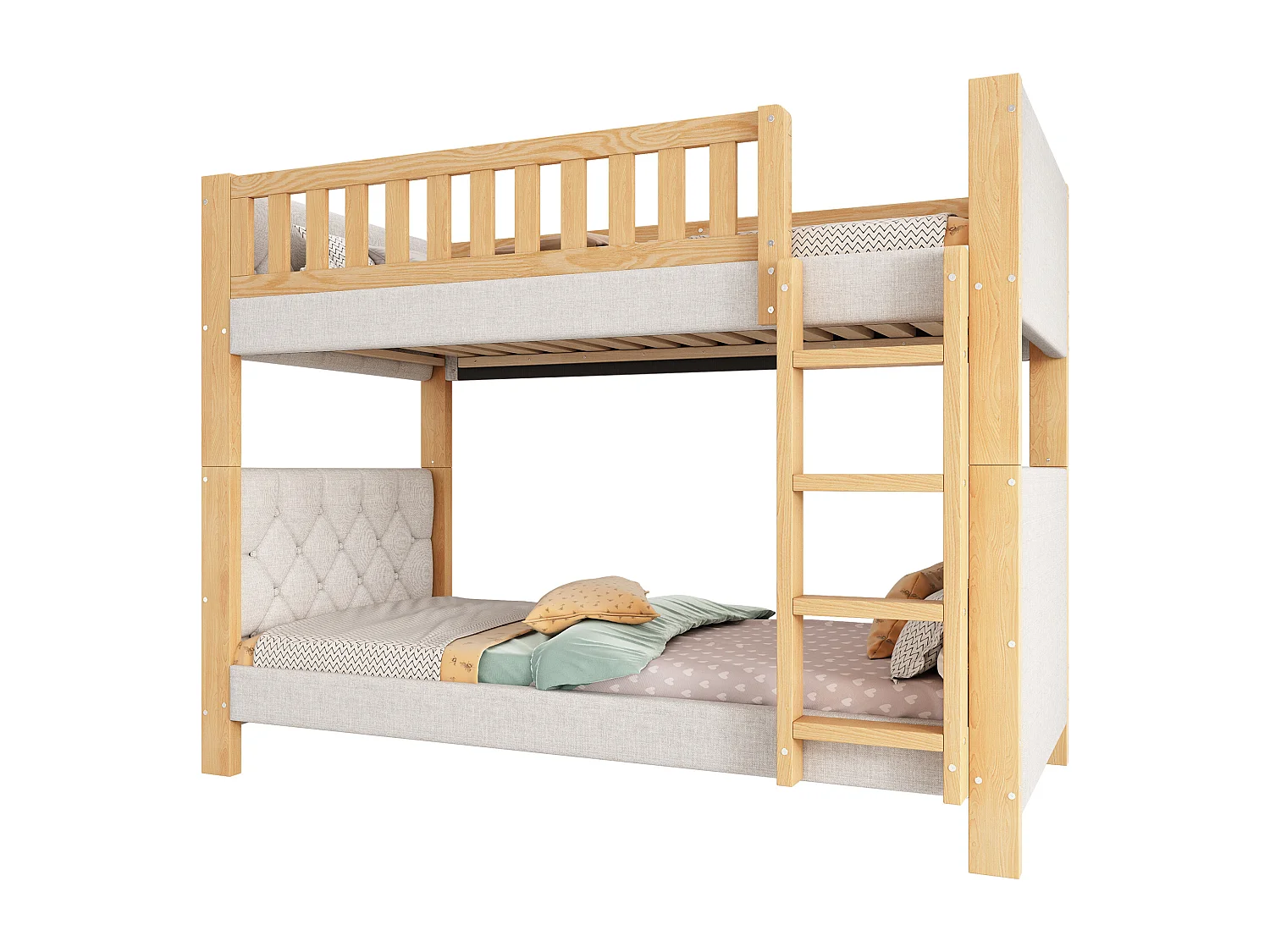 Lit superposé enfant 90x200 cm avec barrières de sécurité - Gris et bois naturel