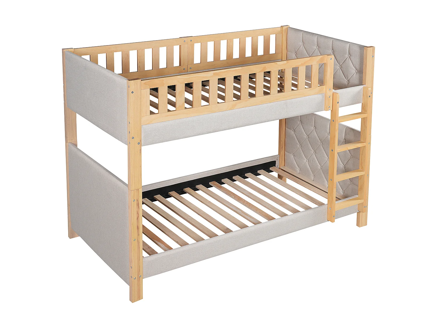 Lit superposé enfant 90x200 cm avec barrières de sécurité - Gris et bois naturel