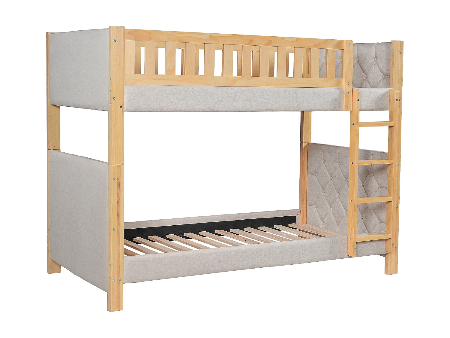 Lit superposé enfant 90x200 cm avec barrières de sécurité - Gris et bois naturel