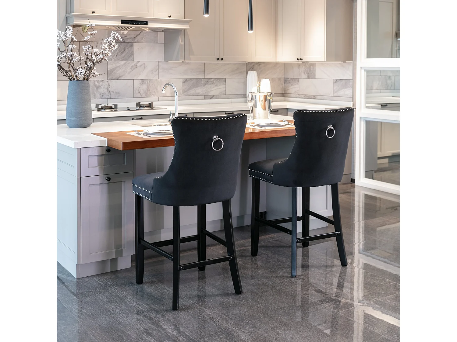 Set van 2 barkrukken met houten poten - Zwart fluweel