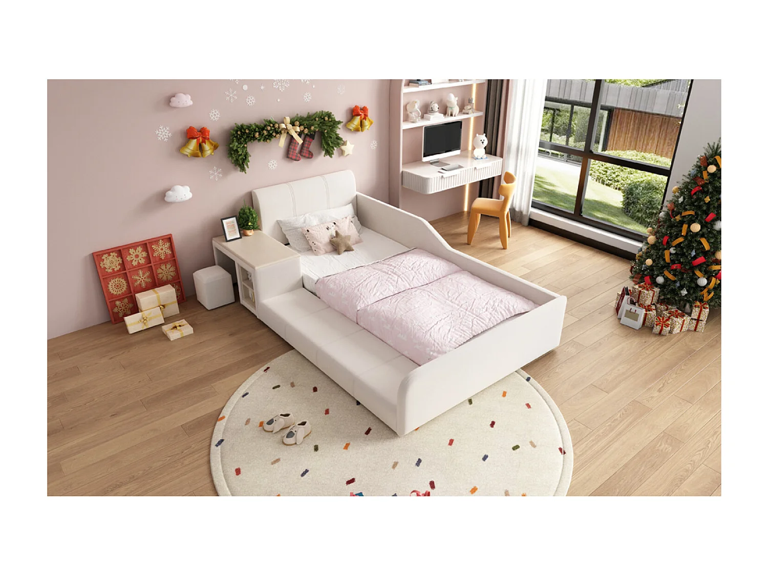Lit enfant 90x200 cm en velours blanc avec bureau, tabouret et rangements