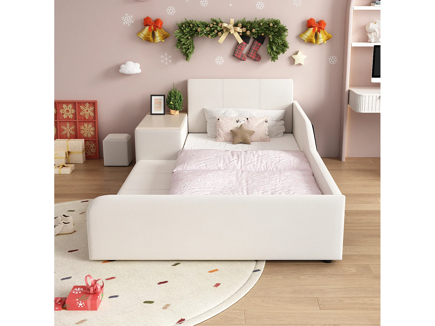 Lit enfant 90x200 cm en velours blanc avec bureau, tabouret et rangements