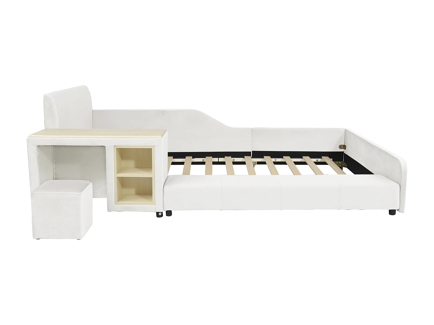 Lit enfant 90x200 cm en velours blanc avec bureau, tabouret et rangements