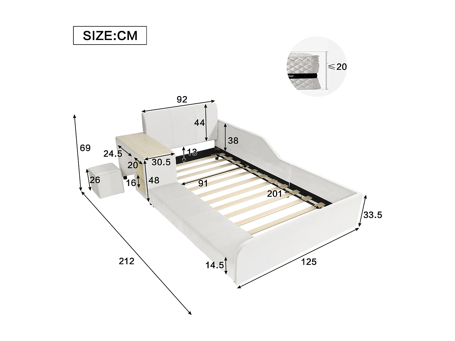 Lit enfant 90x200 cm en velours blanc avec bureau, tabouret et rangements