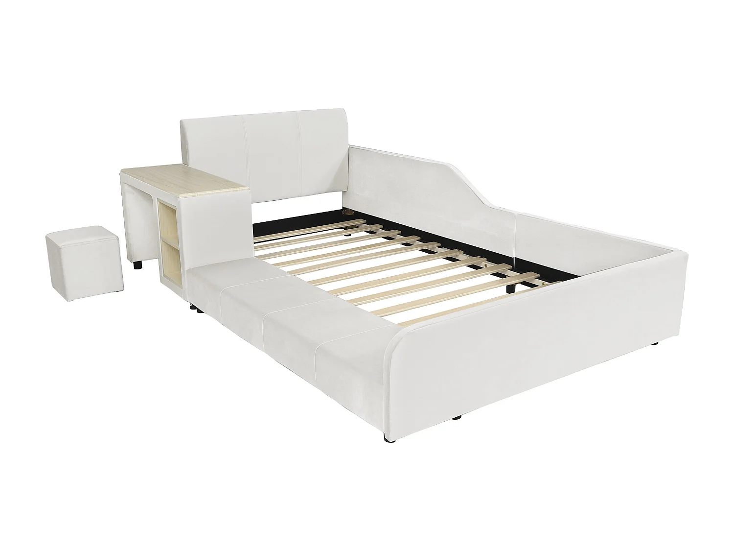 Lit enfant 90x200 cm en velours blanc avec bureau, tabouret et rangements