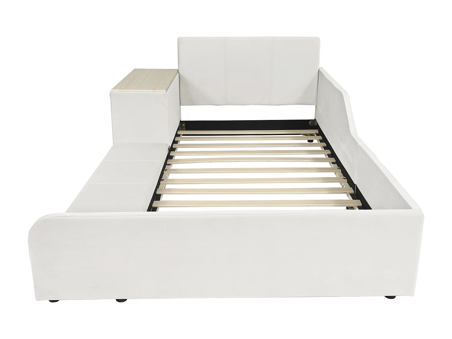 Lit enfant 90x200 cm en velours blanc avec bureau, tabouret et rangements