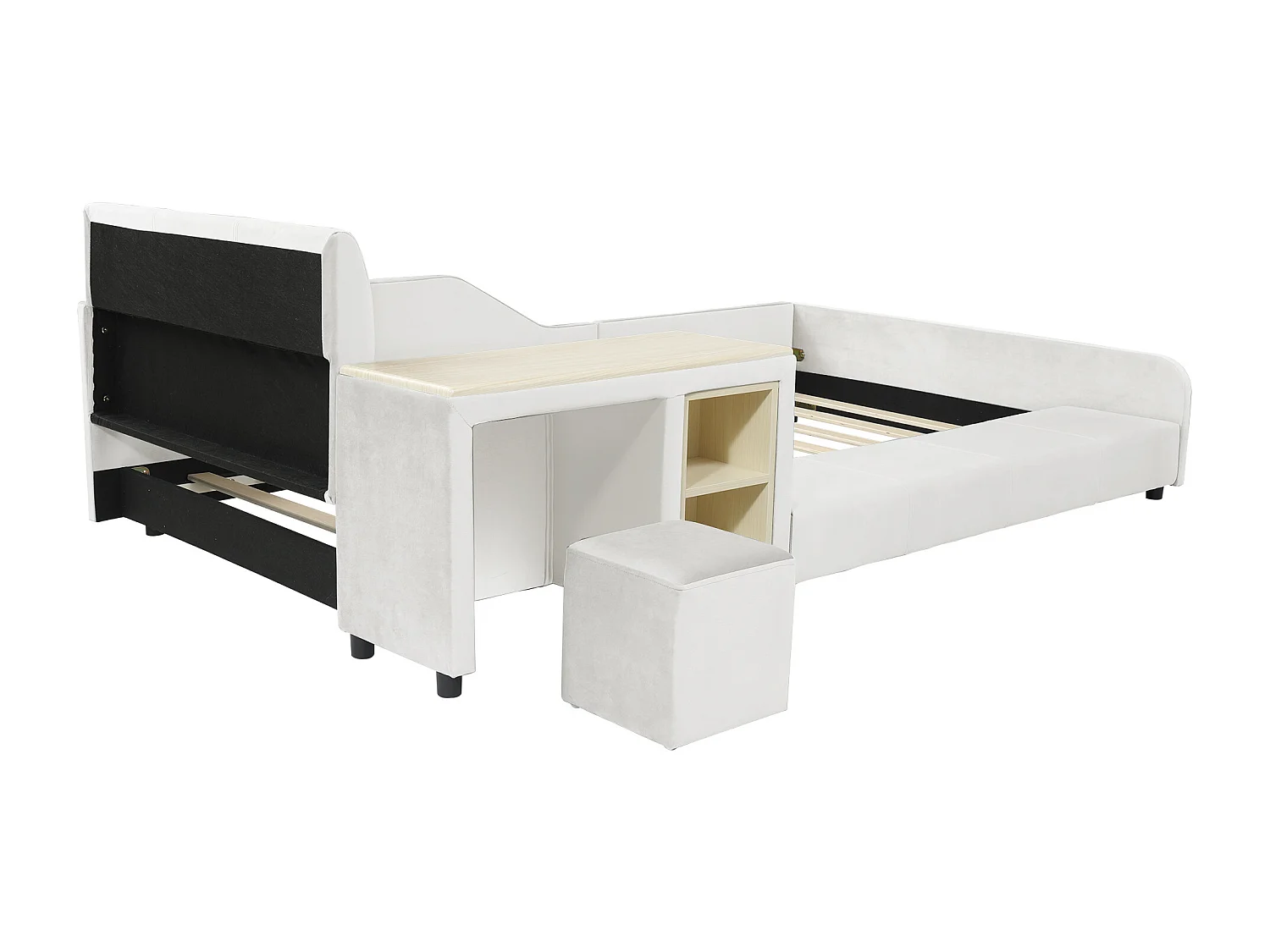 Lit enfant 90x200 cm en velours blanc avec bureau, tabouret et rangements