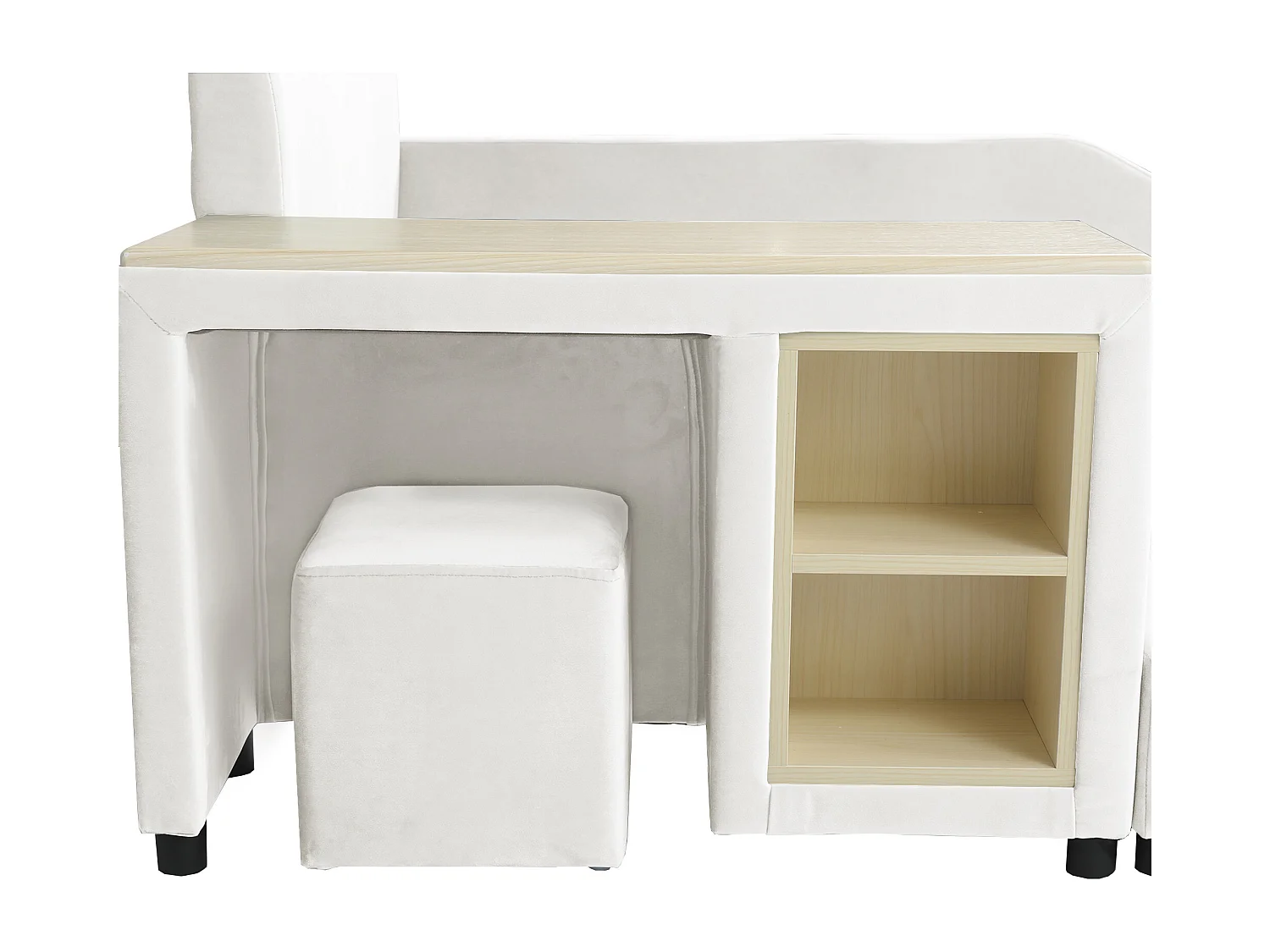 Lit enfant 90x200 cm en velours blanc avec bureau, tabouret et rangements