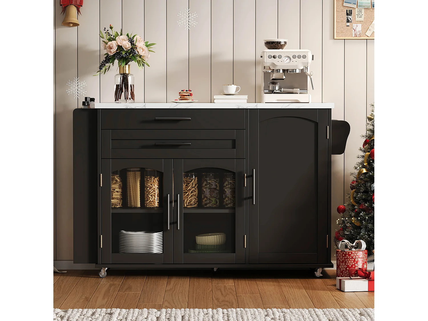 Îlot de cuisine noir sur roulettes avec plateau rabattable et 2 tiroirs 138 x 45 (70) x 90 cm