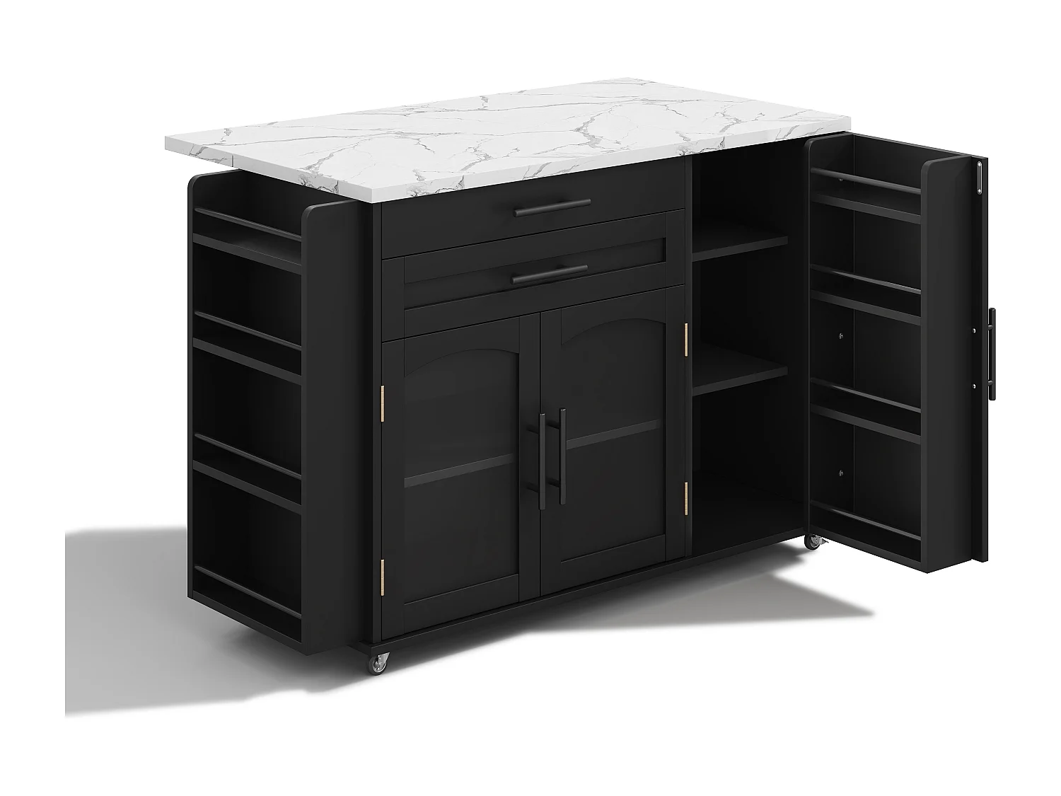 Îlot de cuisine noir sur roulettes avec plateau rabattable et 2 tiroirs 138 x 45 (70) x 90 cm