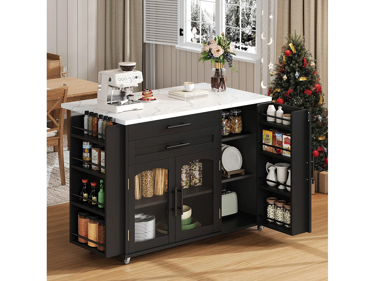 Îlot de cuisine noir sur roulettes avec plateau rabattable et 2 tiroirs 138 x 45 (70) x 90 cm