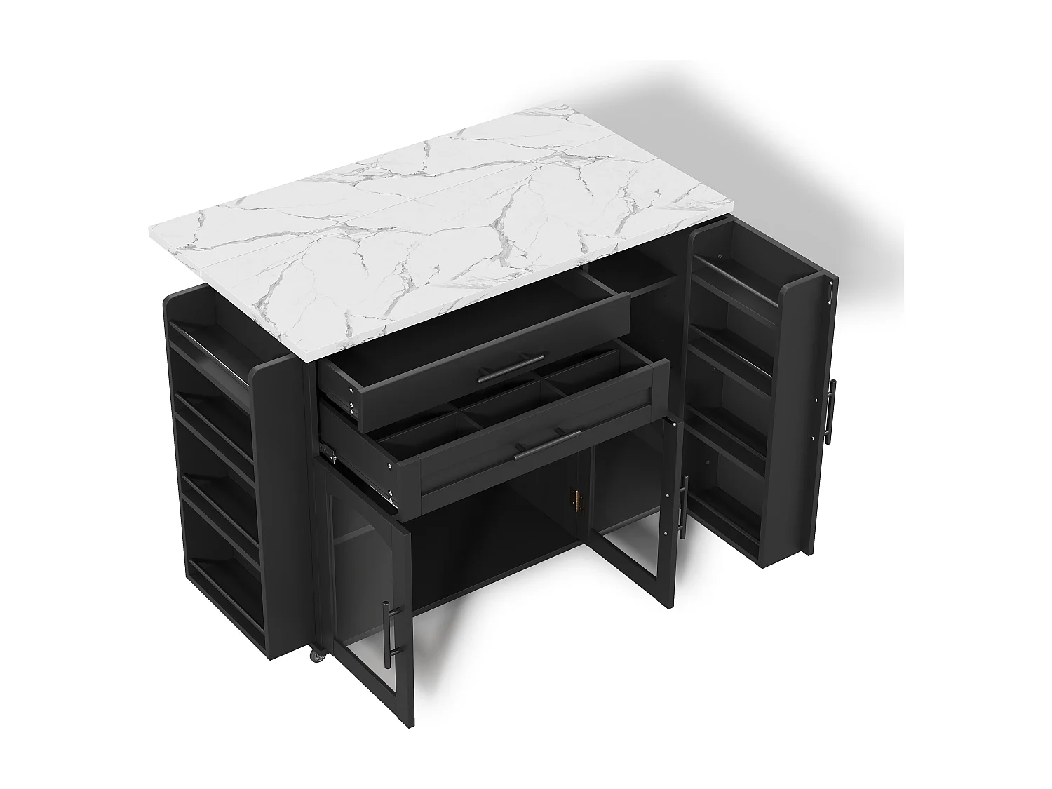 Îlot de cuisine noir sur roulettes avec plateau rabattable et 2 tiroirs 138 x 45 (70) x 90 cm