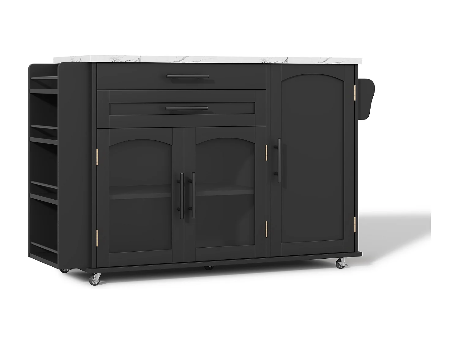 Îlot de cuisine noir sur roulettes avec plateau rabattable et 2 tiroirs 138 x 45 (70) x 90 cm