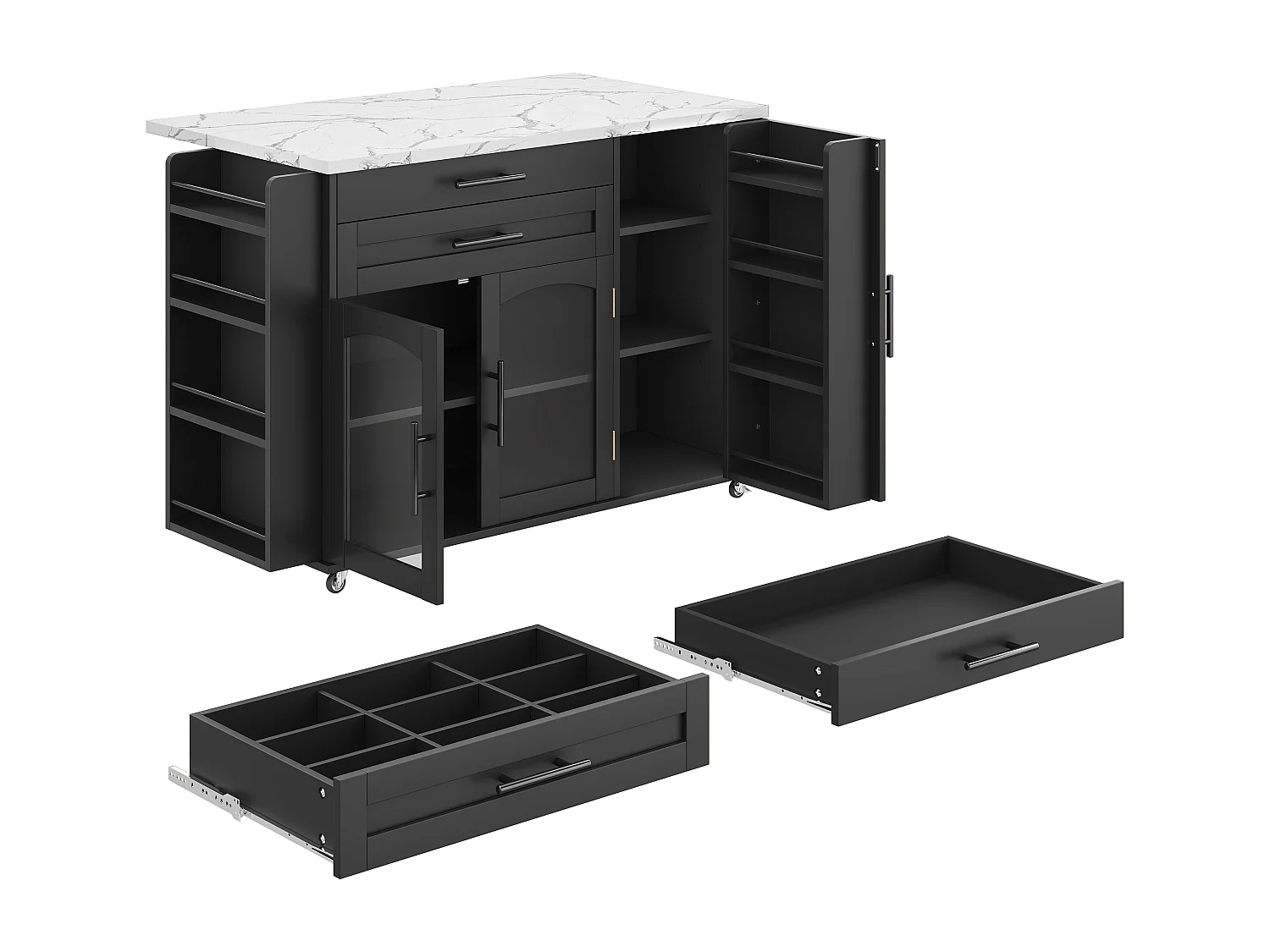 Îlot de cuisine noir sur roulettes avec plateau rabattable et 2 tiroirs 138 x 45 (70) x 90 cm