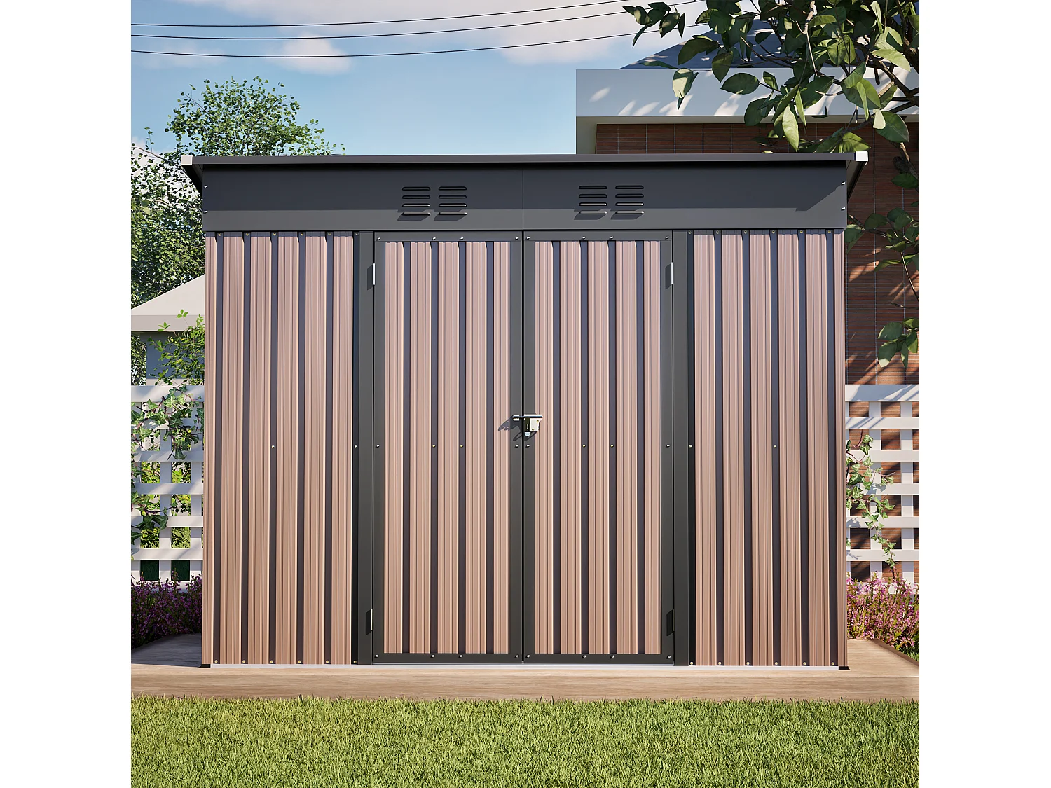 Casinha de jardim metálica com estrutura de fundação - Castanho