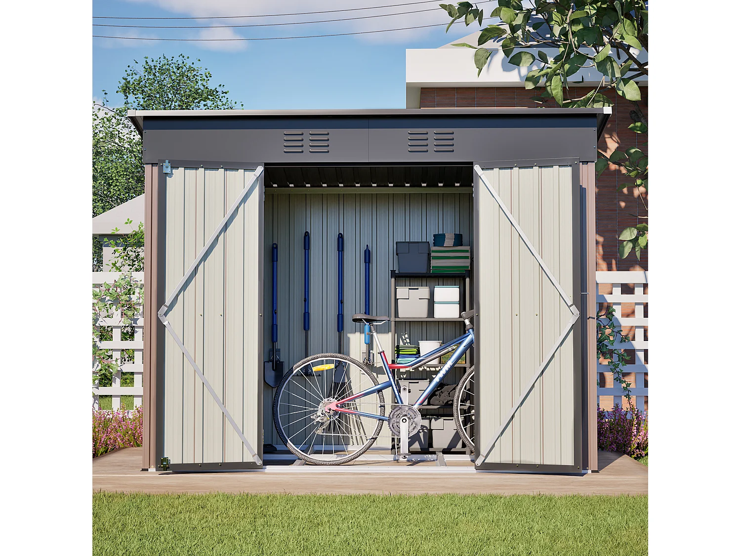 Casinha de jardim metálica com estrutura de fundação - Castanho