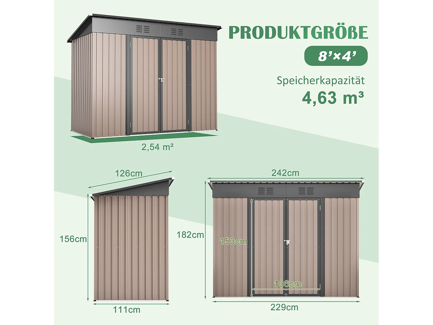 Casinha de jardim metálica com estrutura de fundação - Castanho