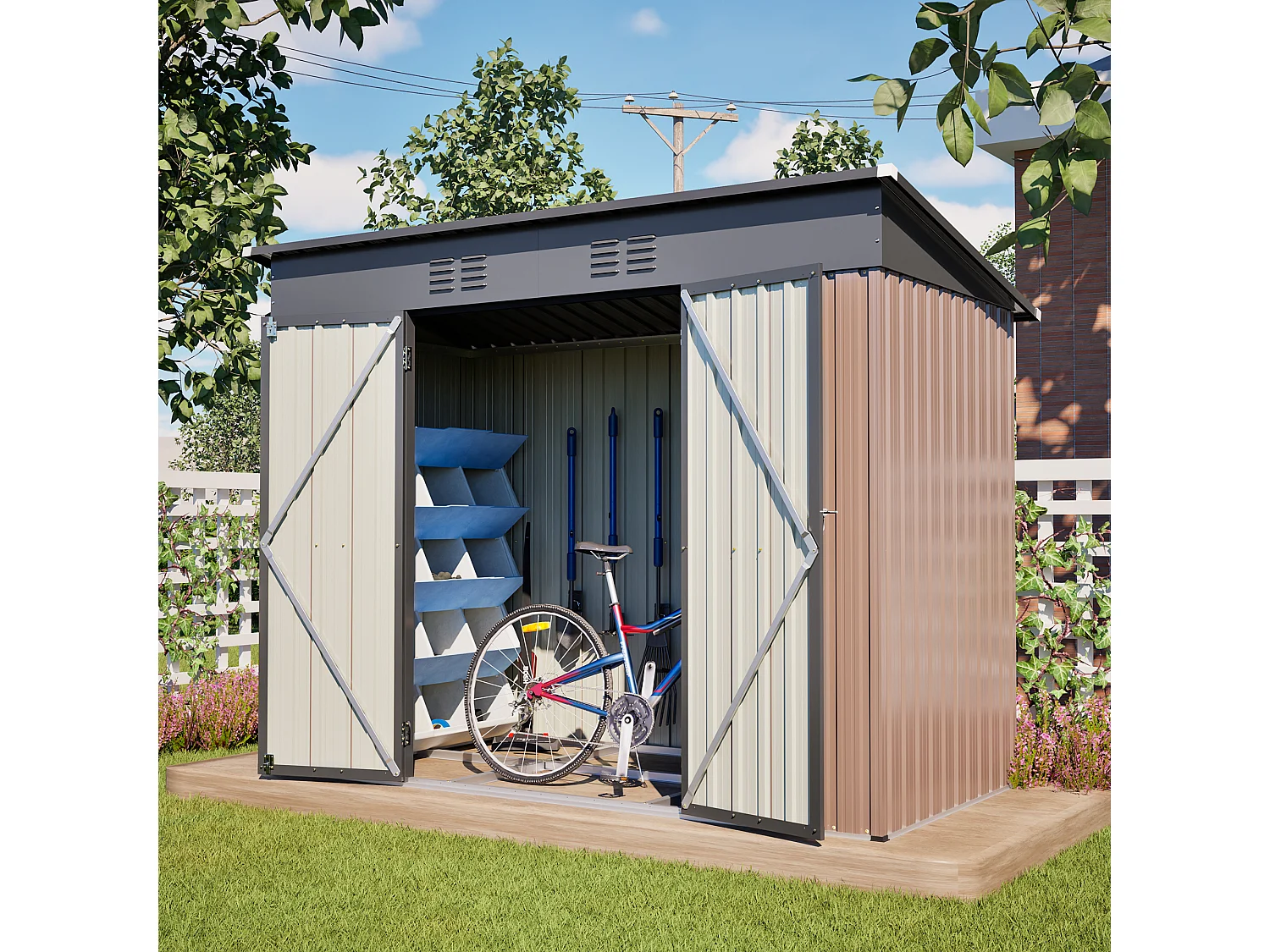 Casinha de jardim metálica com estrutura de fundação - Castanho