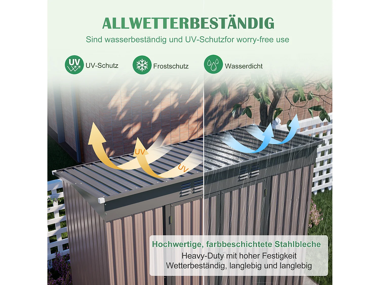 Casinha de jardim metálica com estrutura de fundação - Castanho