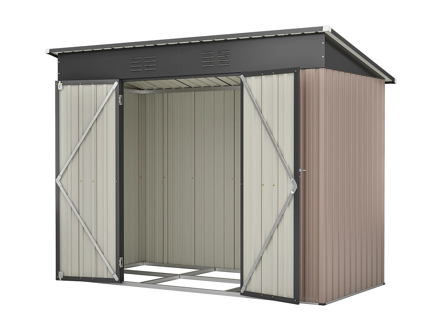 Casinha de jardim metálica com estrutura de fundação - Castanho