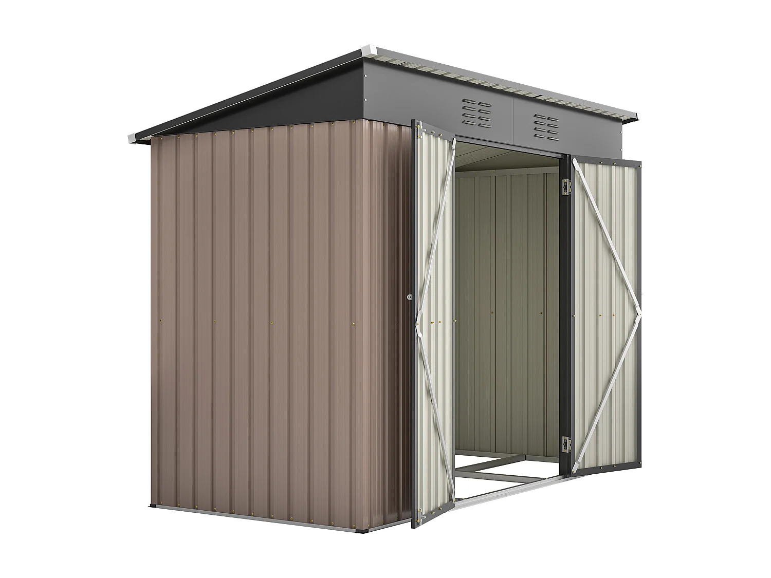 Casinha de jardim metálica com estrutura de fundação - Castanho