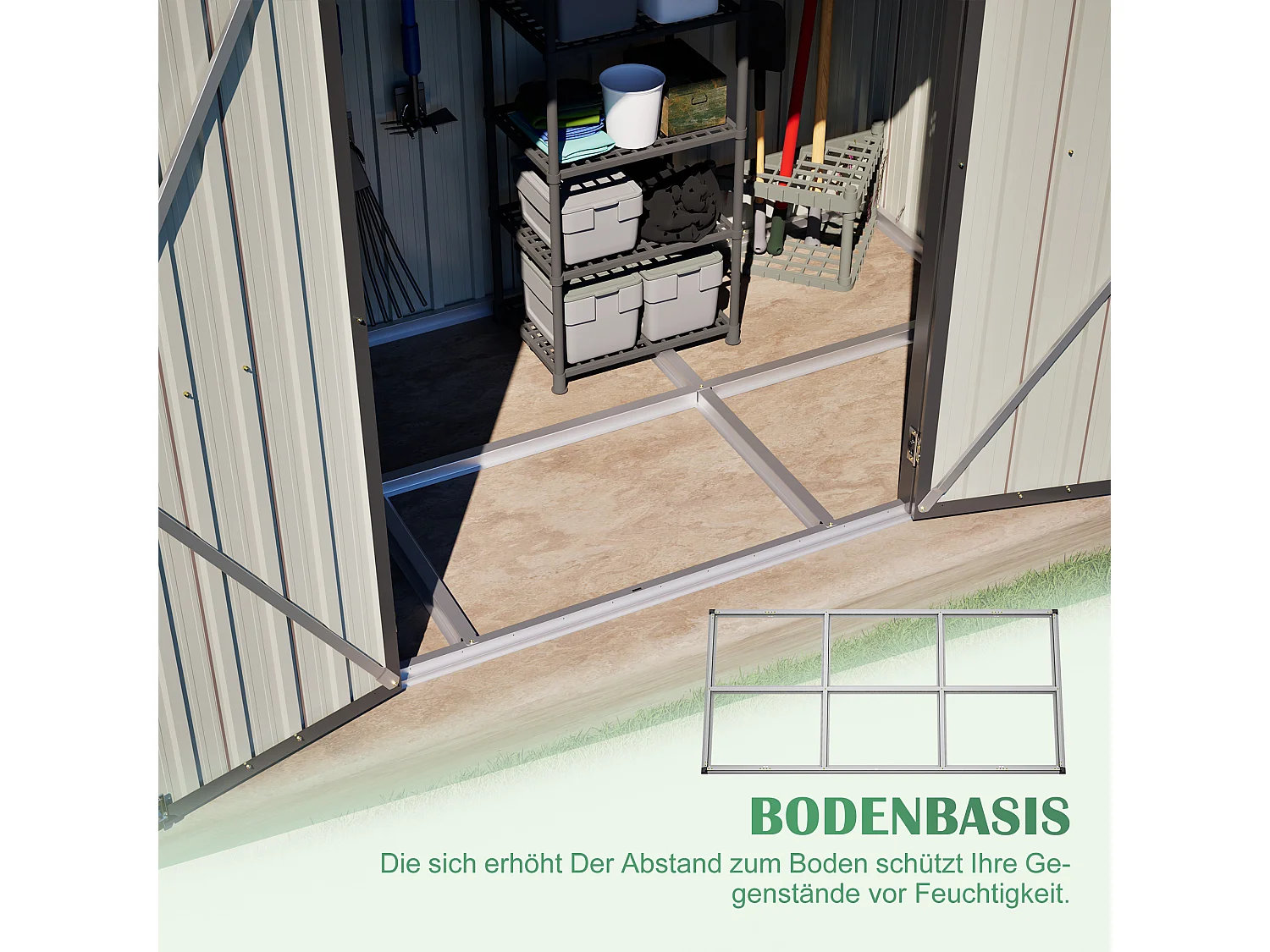 Casinha de jardim metálica com estrutura de fundação - Castanho