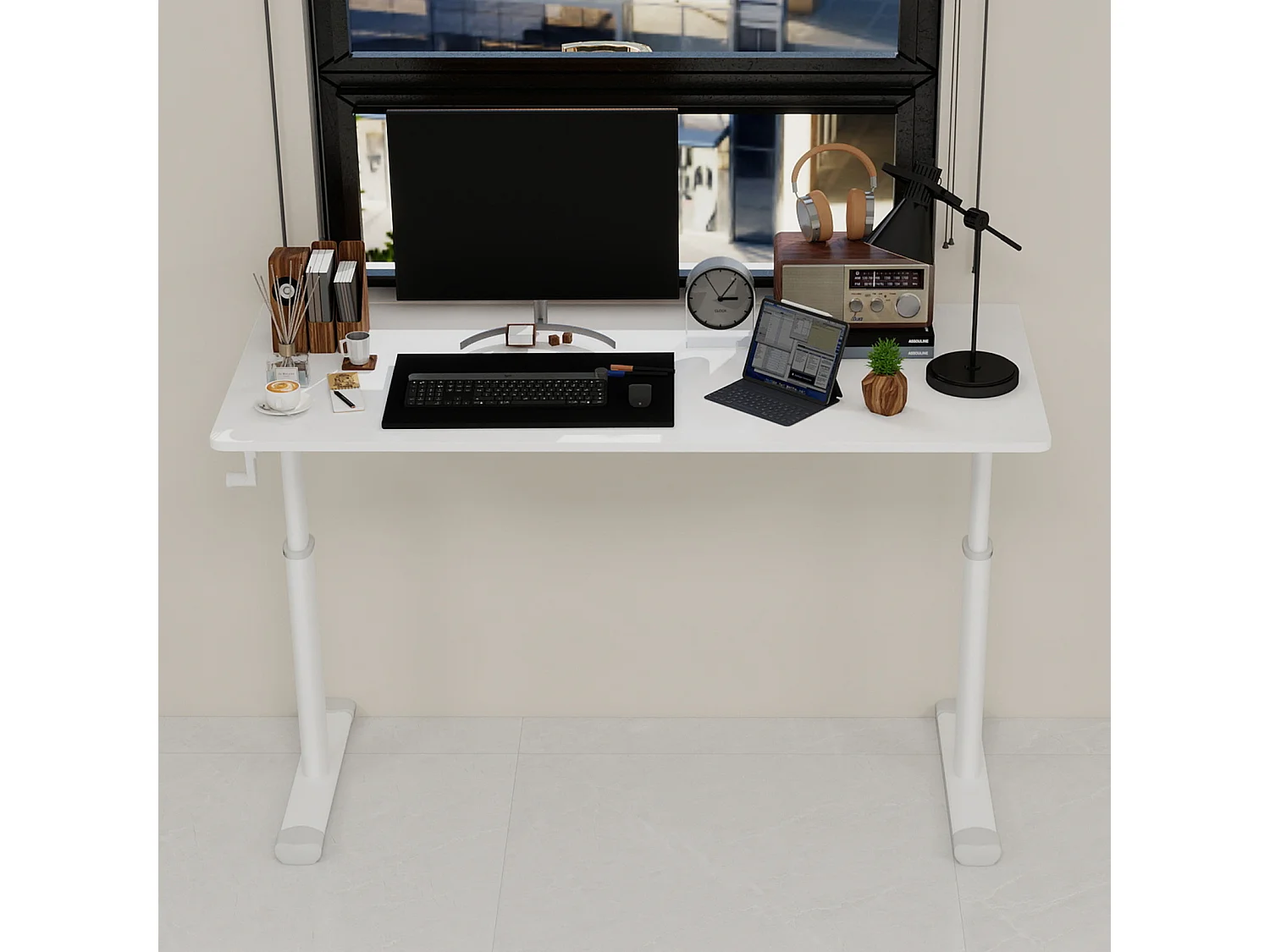 Escritorio regulable en altura, blanco, 120x60 cm - Madera y metal