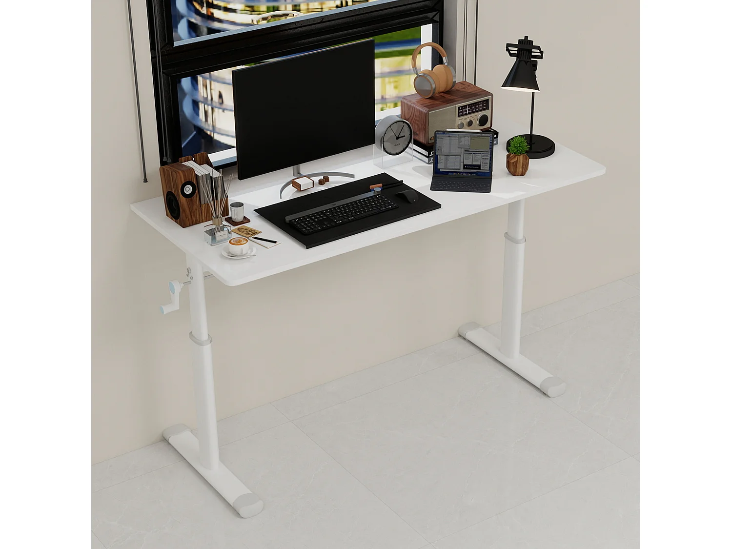 Escritorio regulable en altura, blanco, 120x60 cm - Madera y metal