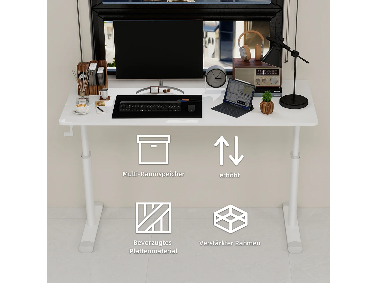 Escritorio regulable en altura, blanco, 120x60 cm - Madera y metal