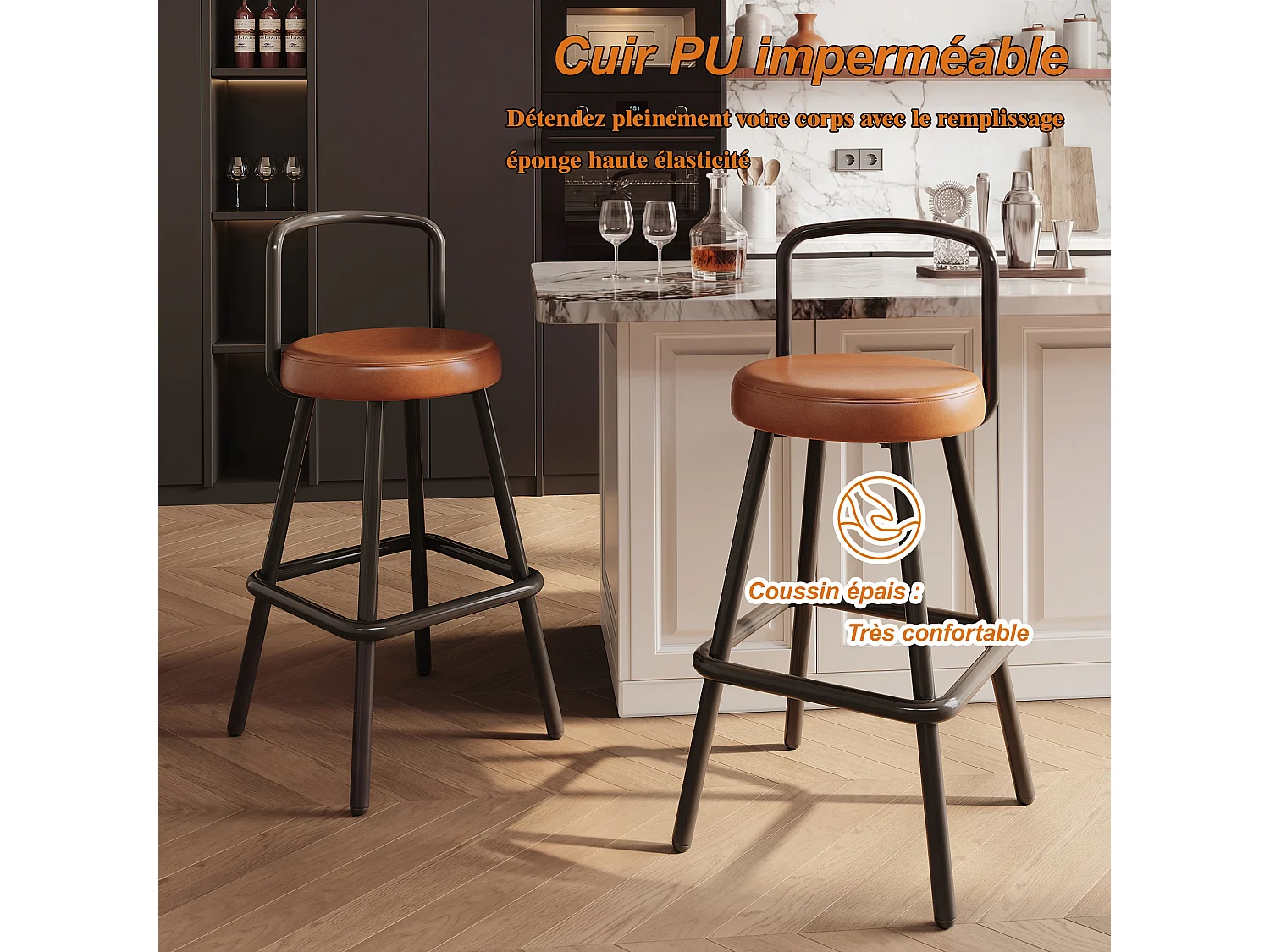 Set van 6 barkrukken met metalen poten - Bruin PU-leer