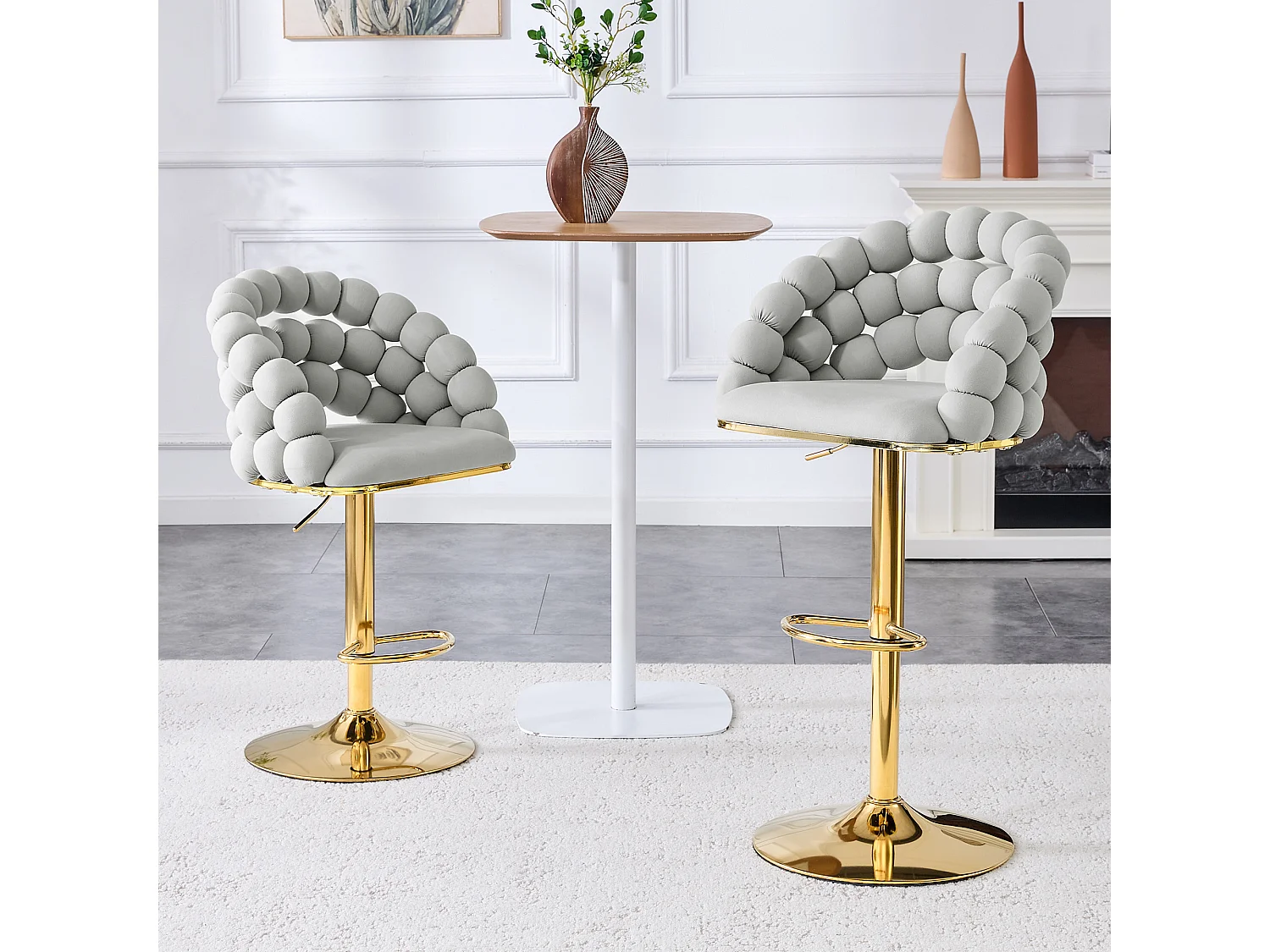 Lot de 2 tabourets de bar en velours gris clair - Dossier à chaînette et hauteur réglable