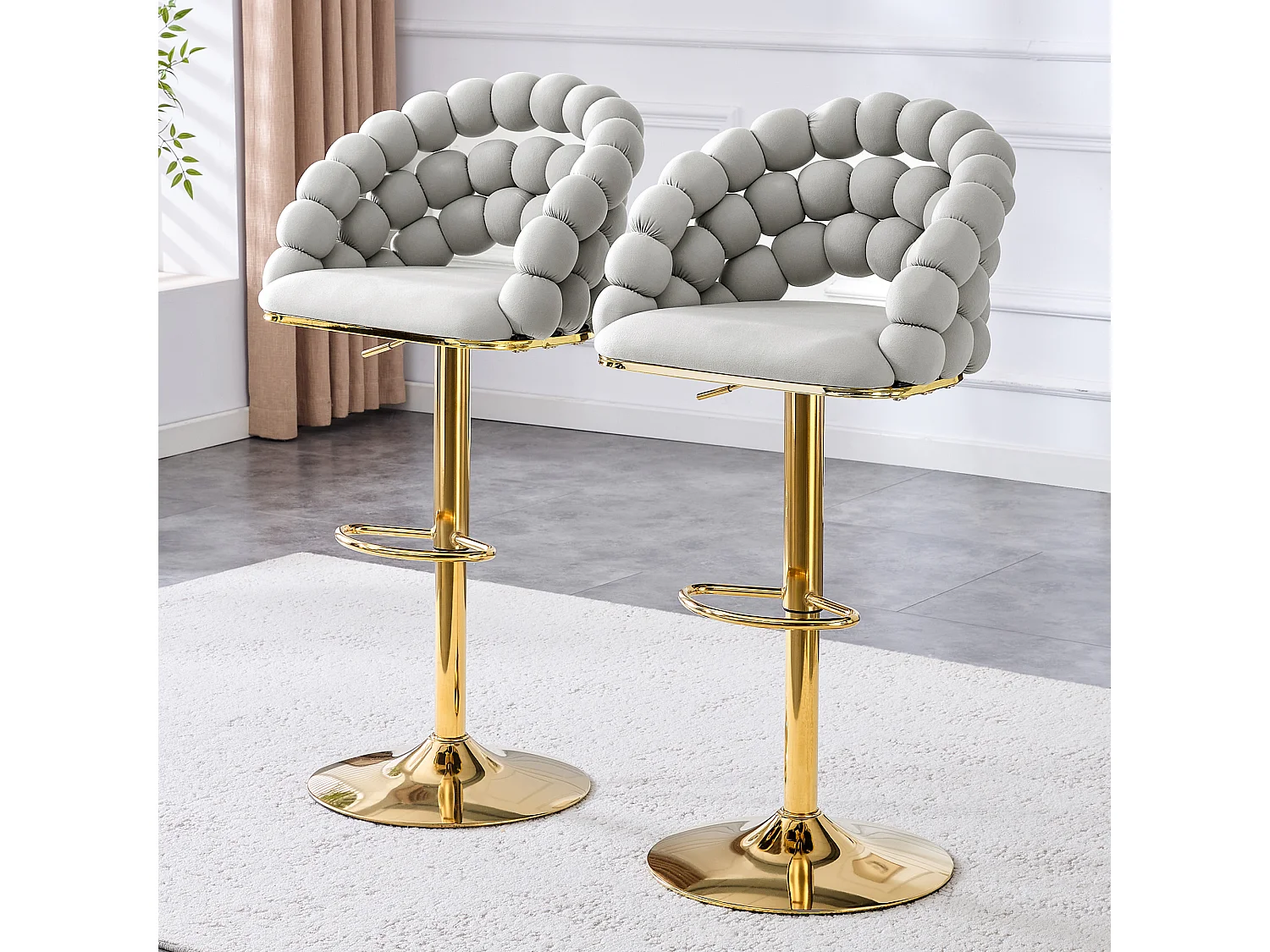 Lot de 2 tabourets de bar en velours gris clair - Dossier à chaînette et hauteur réglable