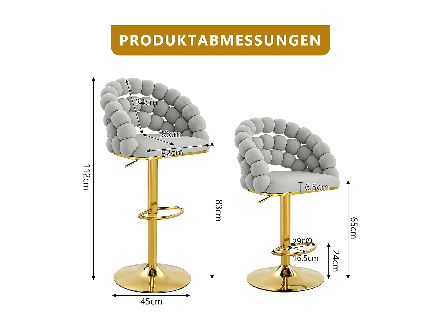 Lot de 2 tabourets de bar en velours gris clair - Dossier à chaînette et hauteur réglable