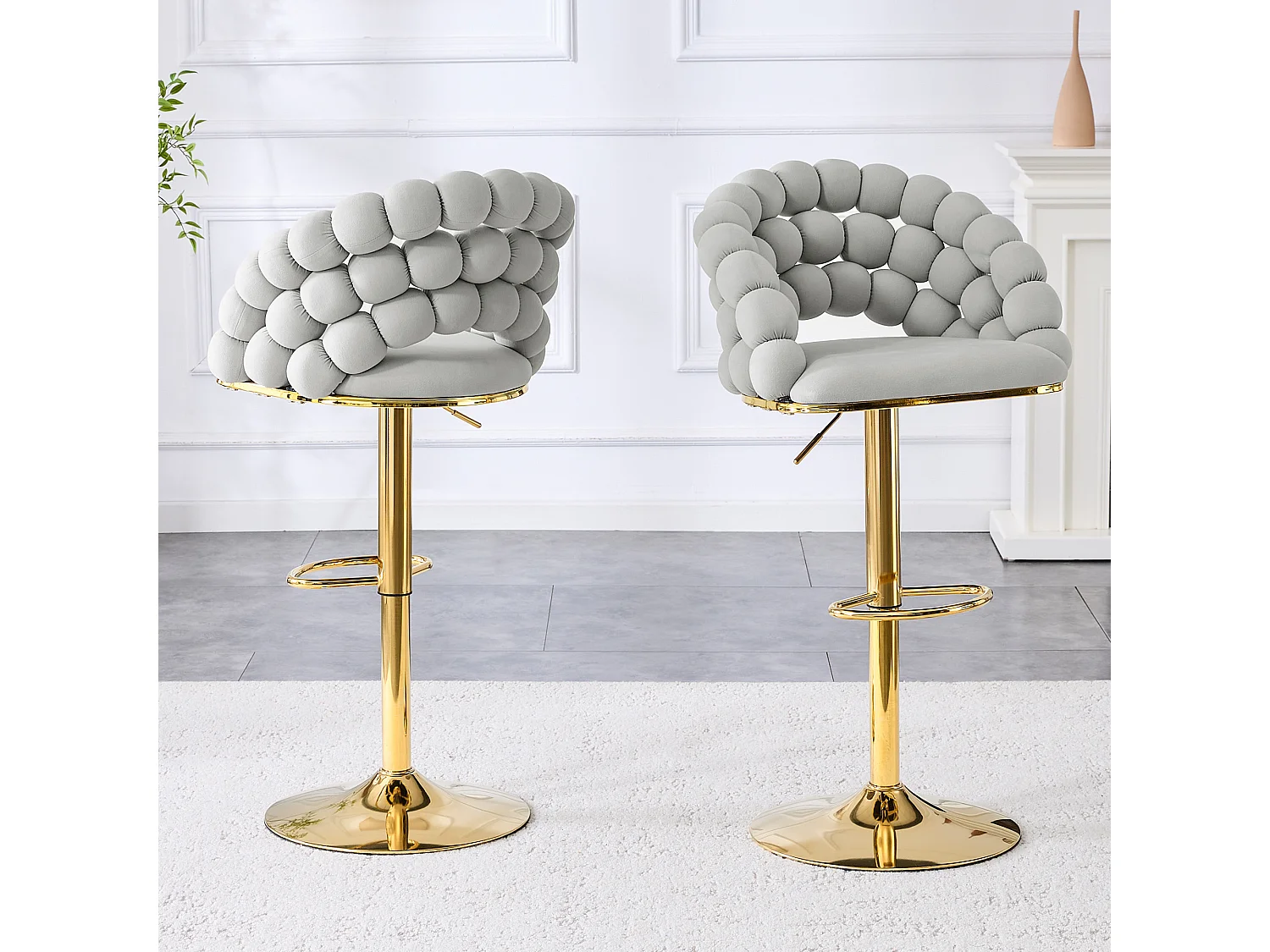 Lot de 2 tabourets de bar en velours gris clair - Dossier à chaînette et hauteur réglable