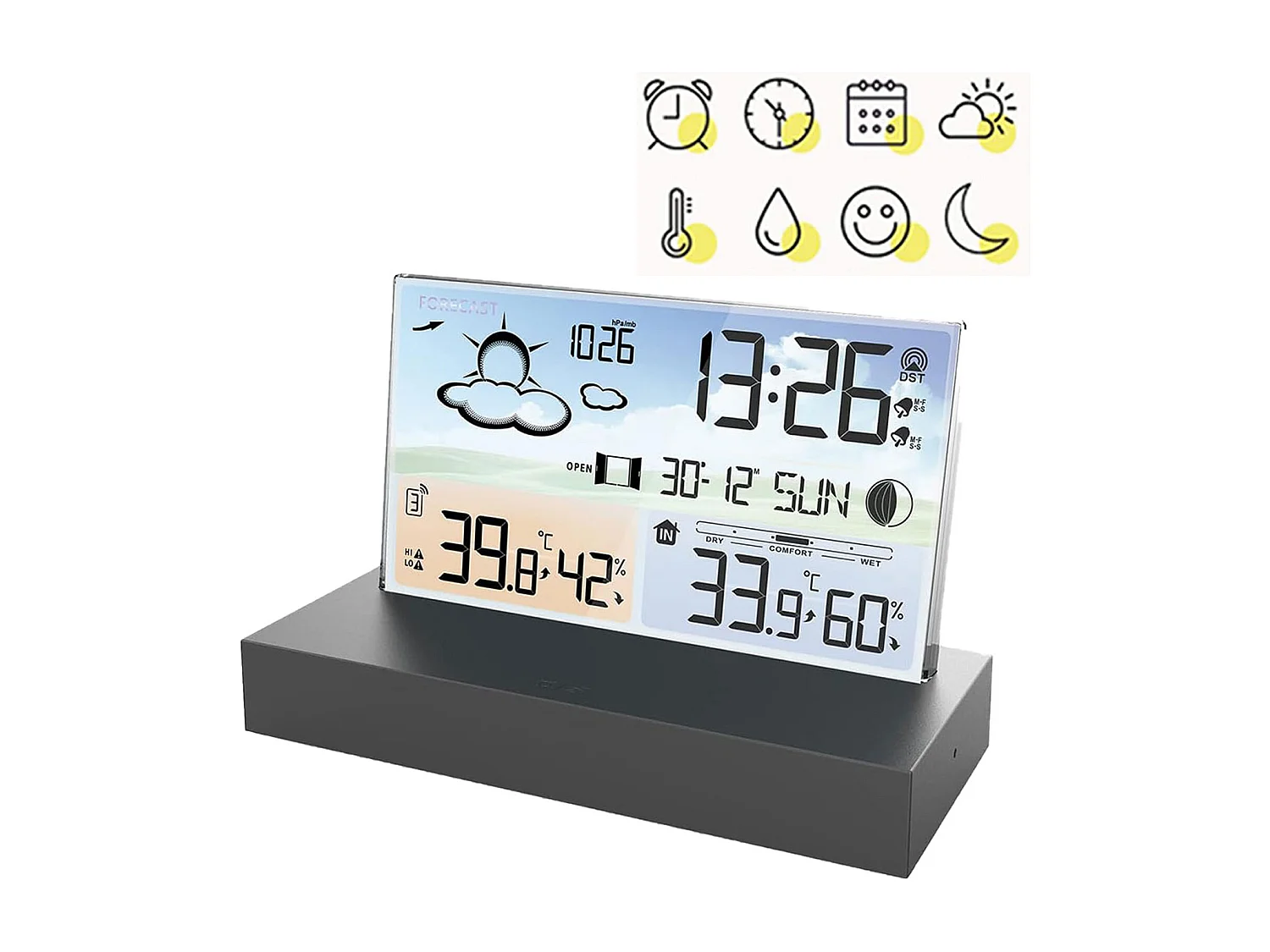 Horloge météo en verre transparent avec prévisions météo et fonction alarme électronique
