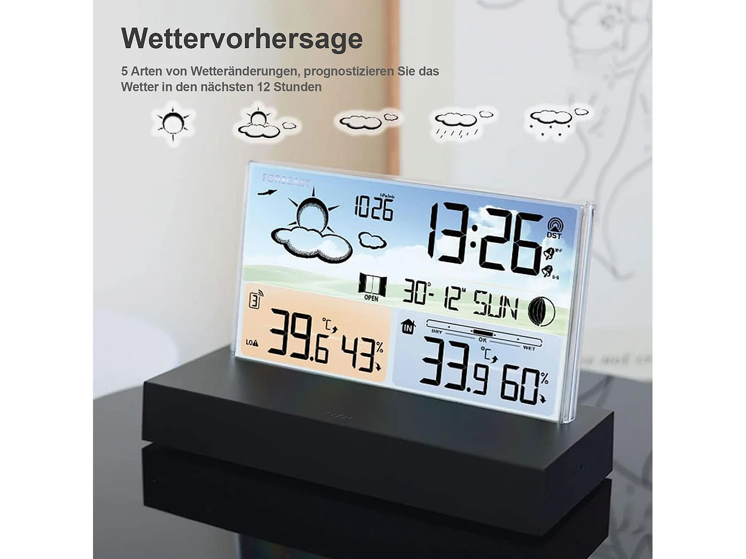 Horloge météo en verre transparent avec prévisions météo et fonction alarme électronique