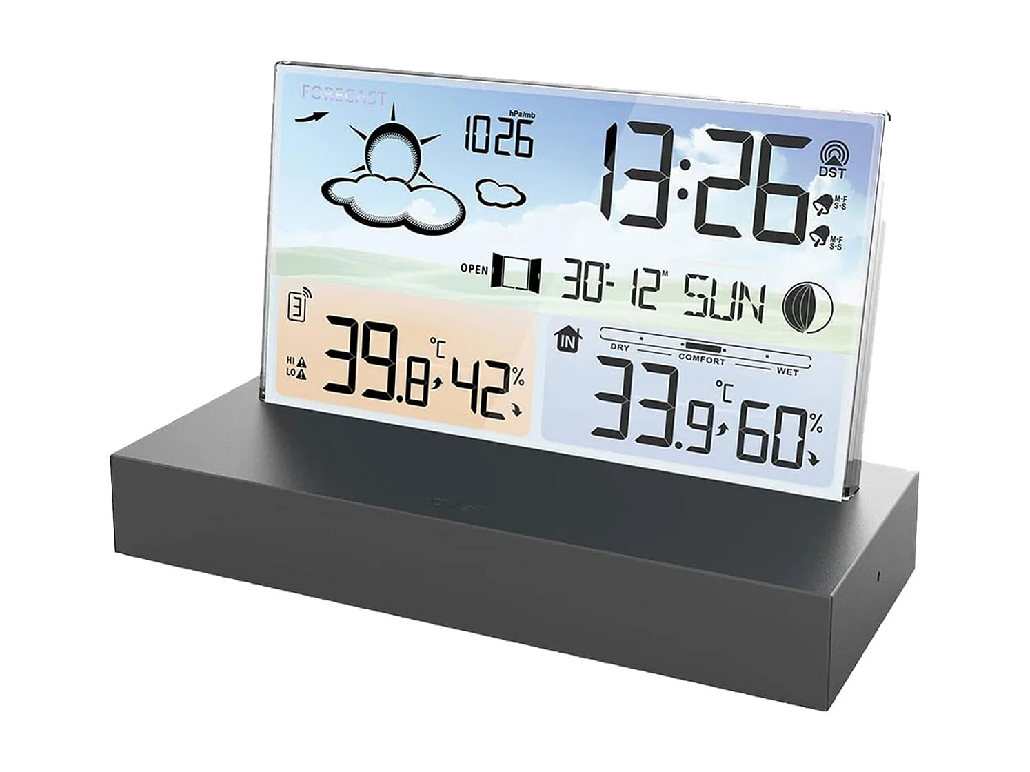 Horloge météo en verre transparent avec prévisions météo et fonction alarme électronique
