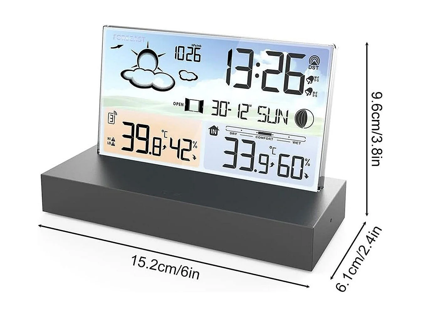 Horloge météo en verre transparent avec prévisions météo et fonction alarme électronique