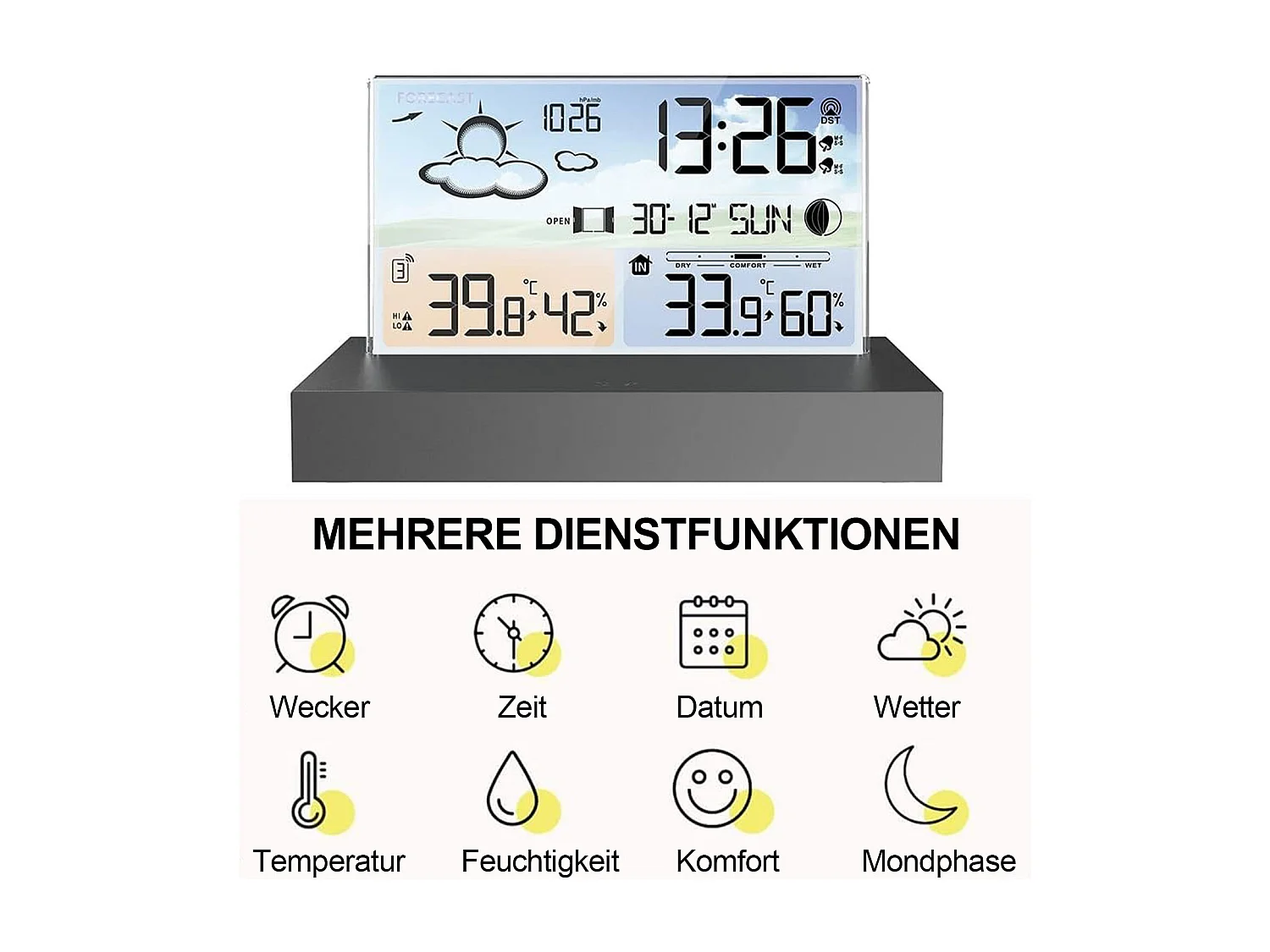 Horloge météo en verre transparent avec prévisions météo et fonction alarme électronique