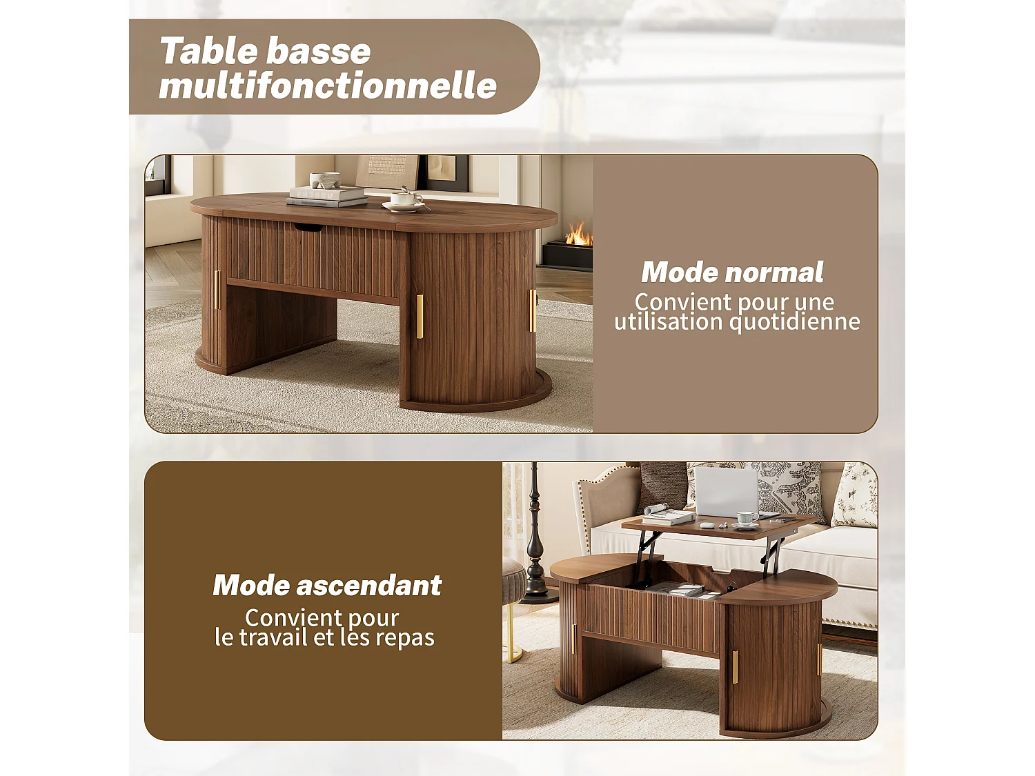 Tavolino da caffè con piano sollevabile e ante scorrevoli - Colore noce 100x50x40,5 cm