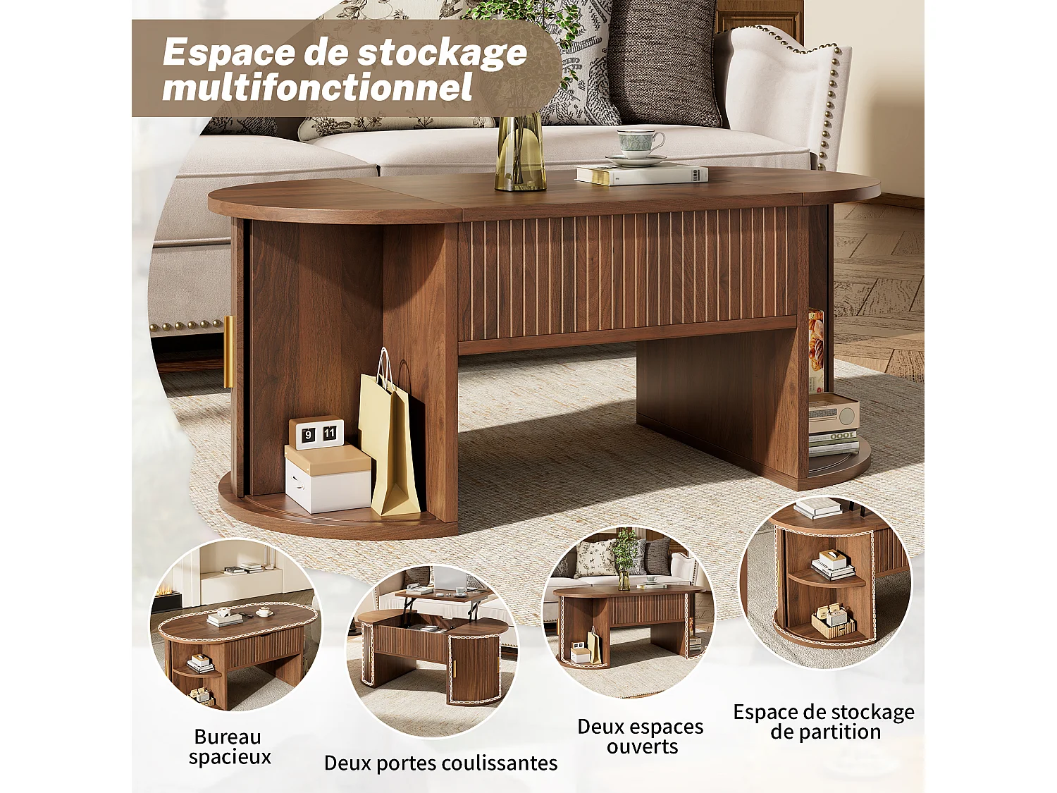 Tavolino da caffè con piano sollevabile e ante scorrevoli - Colore noce 100x50x40,5 cm