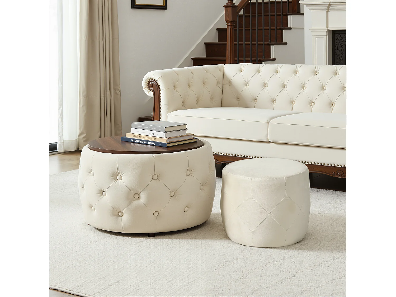 Pouf coffre rond en tissu velours avec rangement – Tabouret multifonction beige 60 cm +37 cm