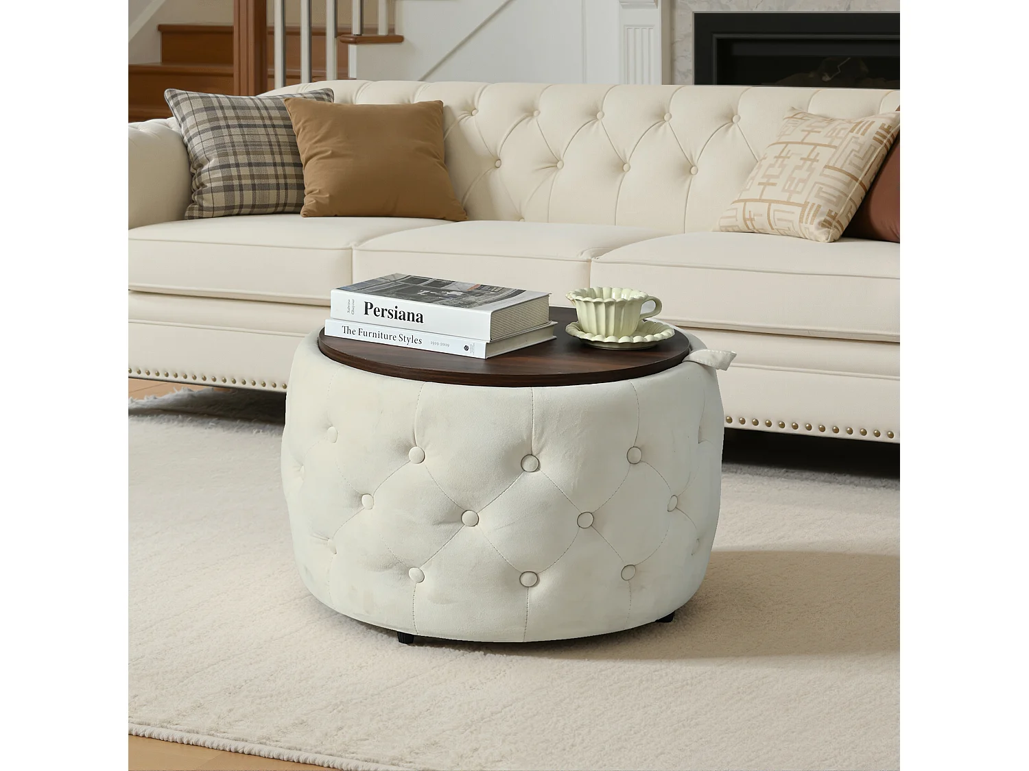 Pouf coffre rond en tissu velours avec rangement – Tabouret multifonction beige 60 cm +37 cm