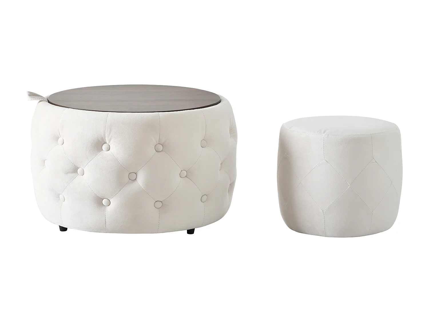 Pouf coffre rond en tissu velours avec rangement – Tabouret multifonction beige 60 cm +37 cm