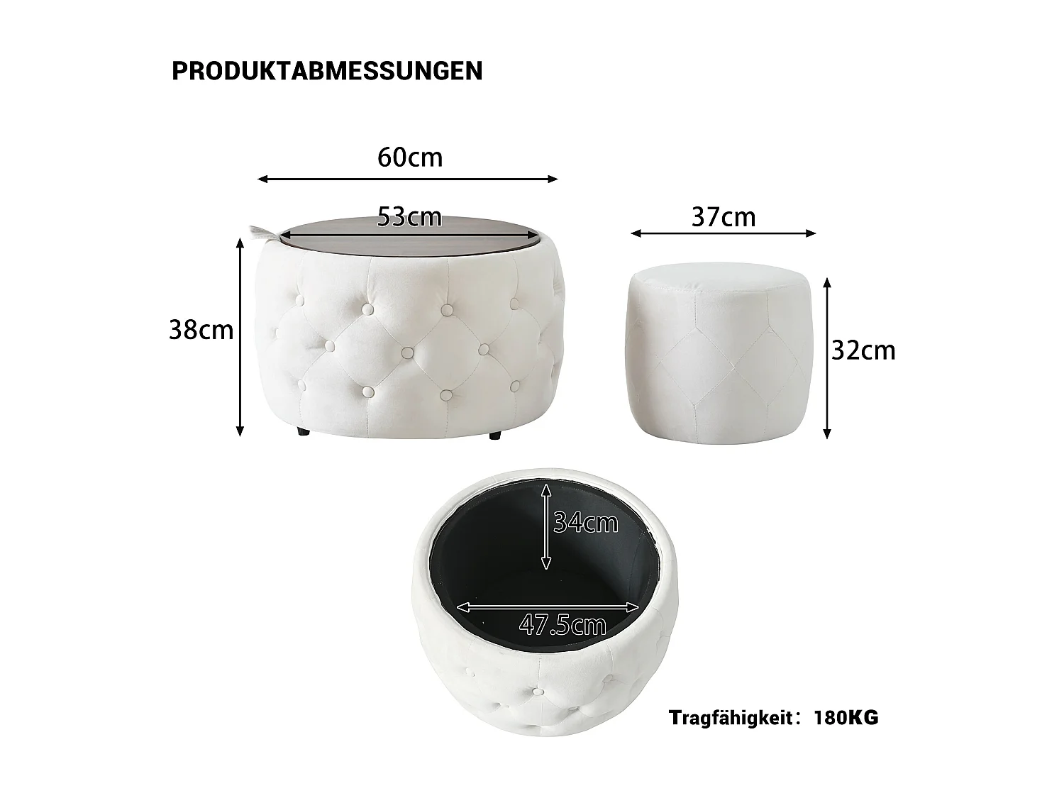 Pouf coffre rond en tissu velours avec rangement – Tabouret multifonction beige 60 cm +37 cm