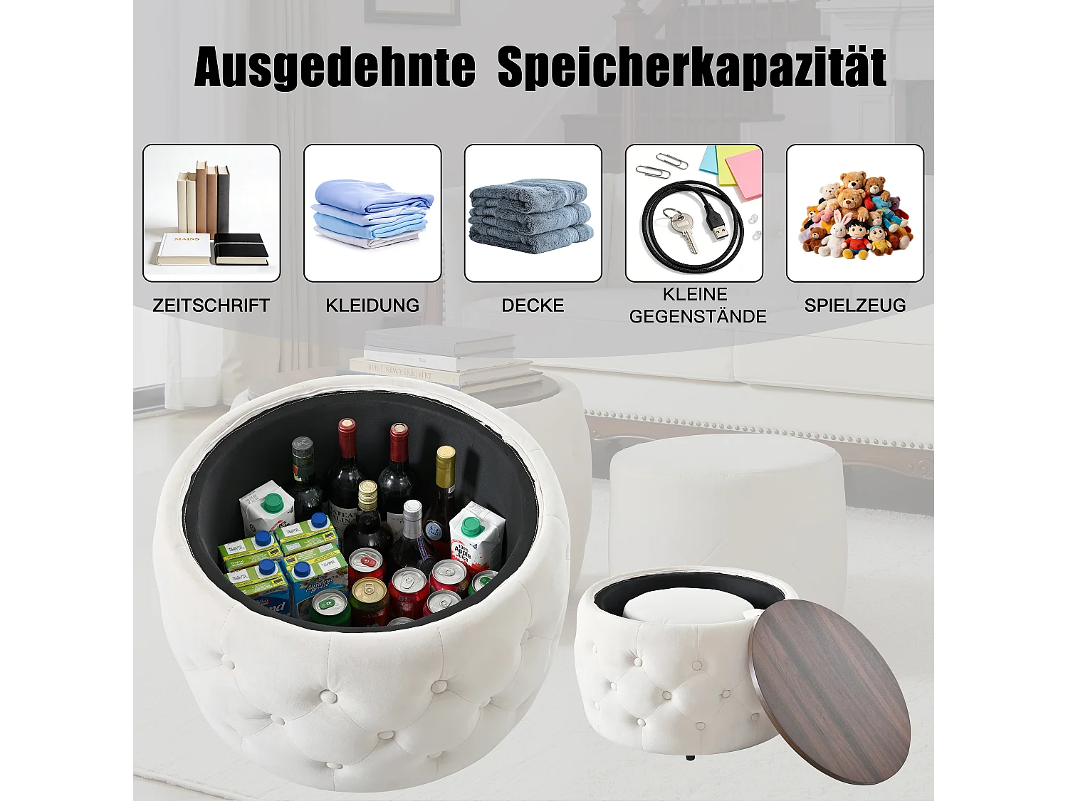 Pouf coffre rond en tissu velours avec rangement – Tabouret multifonction beige 60 cm +37 cm