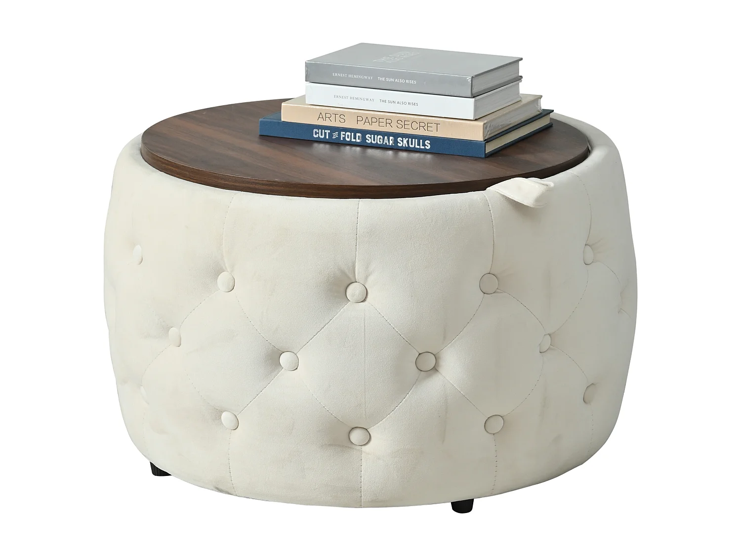 Pouf coffre rond en tissu velours avec rangement – Tabouret multifonction beige 60 cm +37 cm