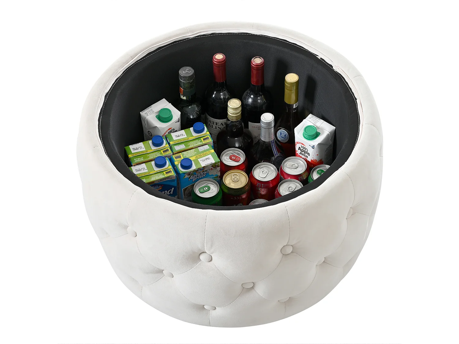 Pouf coffre rond en tissu velours avec rangement – Tabouret multifonction beige 60 cm +37 cm