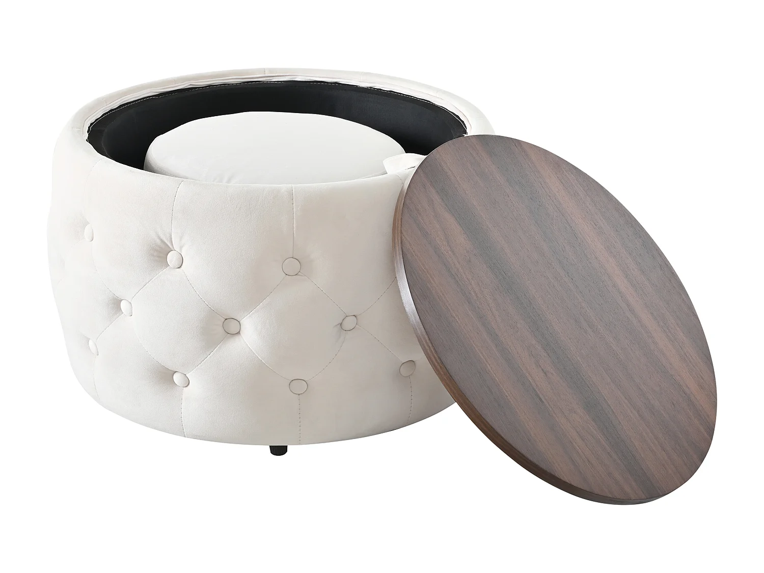 Pouf coffre rond en tissu velours avec rangement – Tabouret multifonction beige 60 cm +37 cm