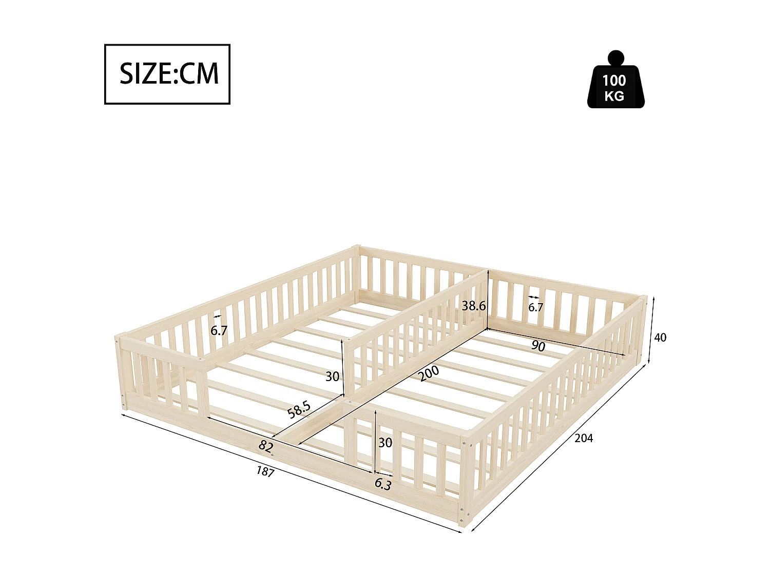 Lit enfant 90x200 cm 2 couchages avec sommier à lattes - Naturel clair